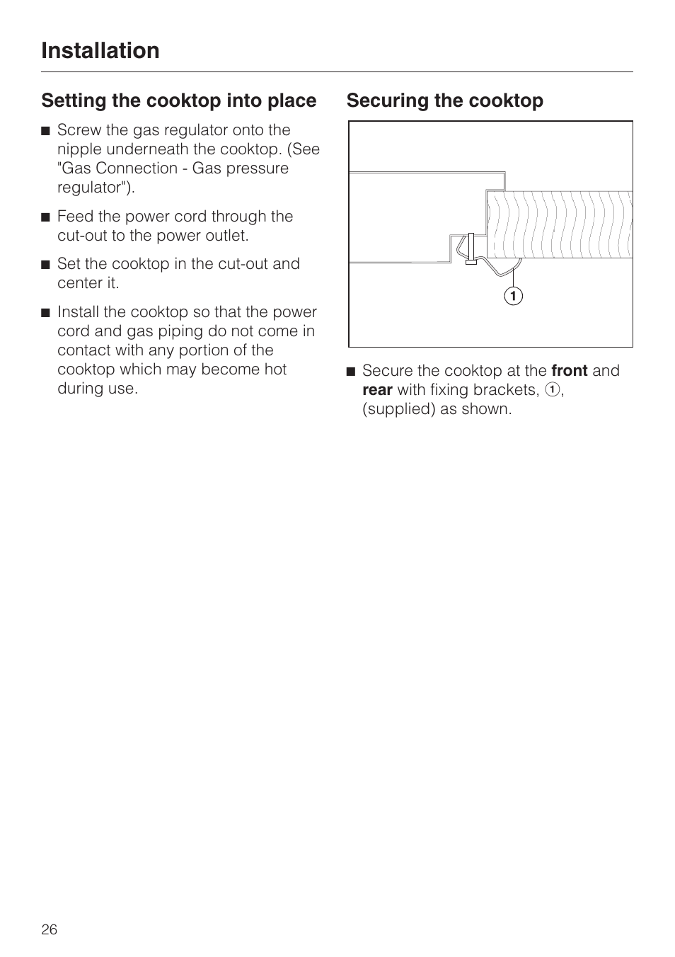 Installation, Setting the cooktop into place, Securing the cooktop | Miele KM391 User Manual | Page 26 / 36