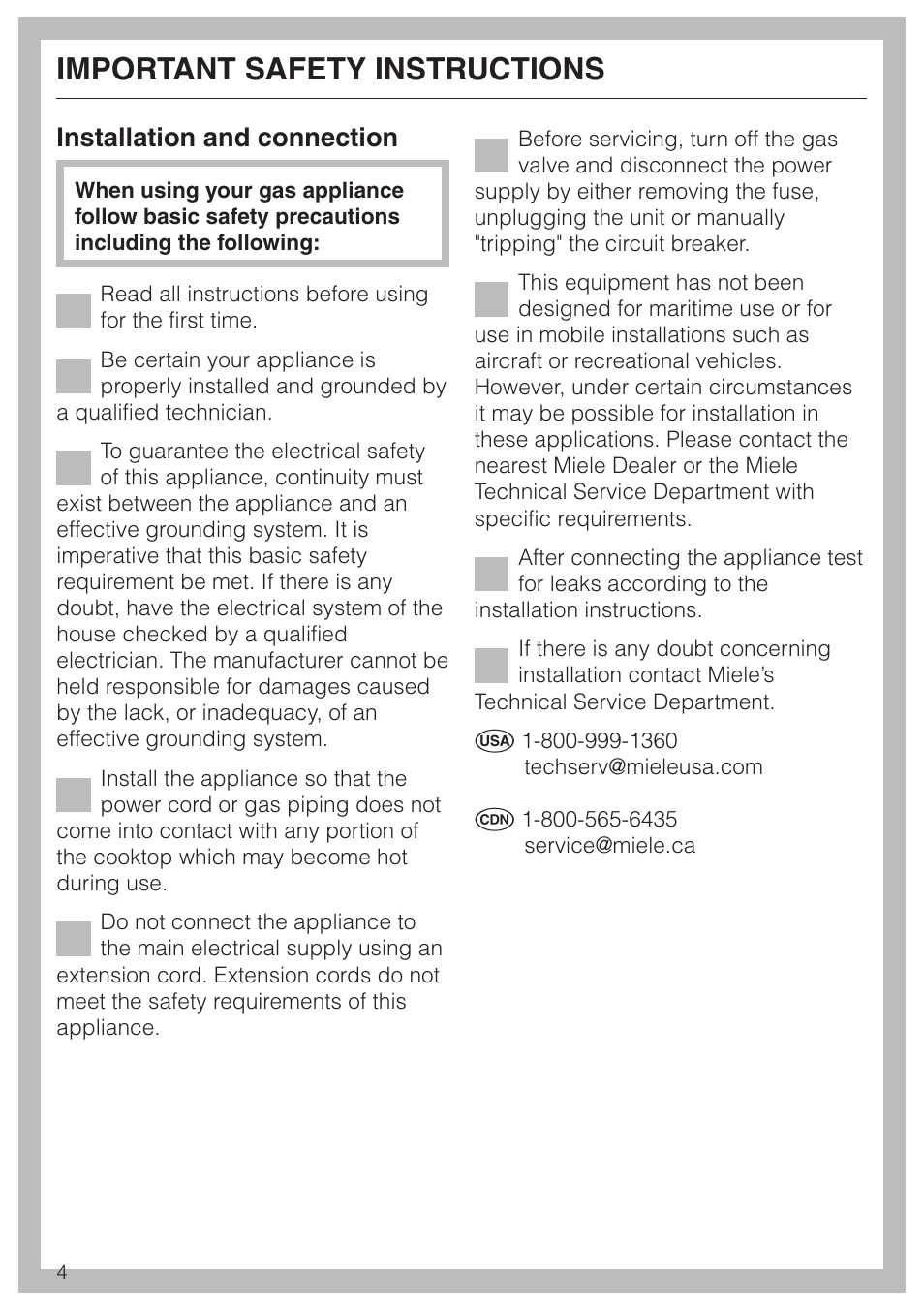 Important safety instructions 4, Important safety instructions, Installation and connection | Miele KM391 User Manual | Page 4 / 36