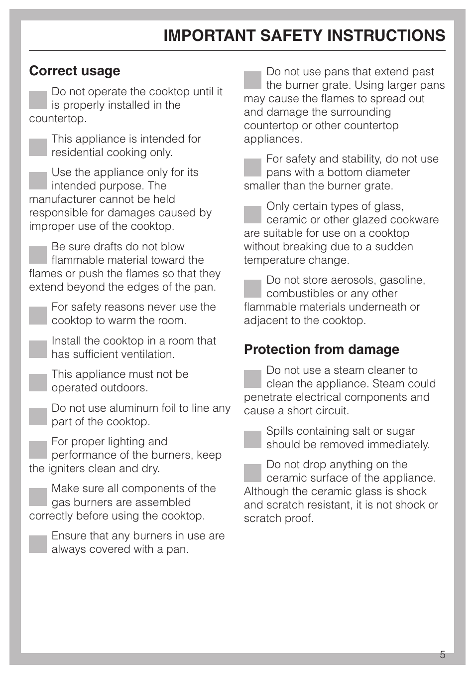 Important safety instructions, Correct usage, Protection from damage | Miele KM391 User Manual | Page 5 / 36
