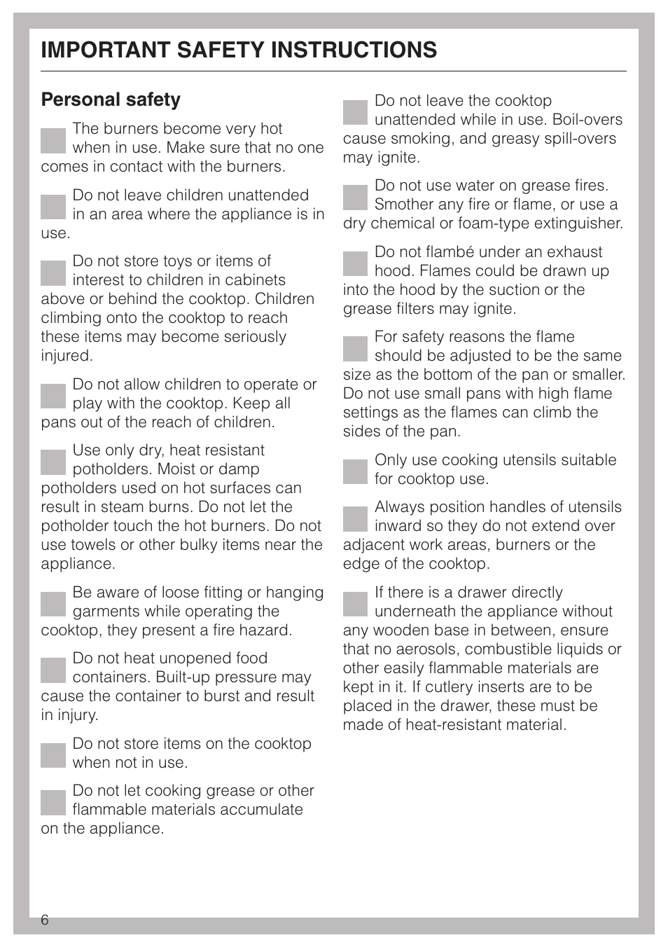 Important safety instructions, Personal safety | Miele KM391 User Manual | Page 6 / 36