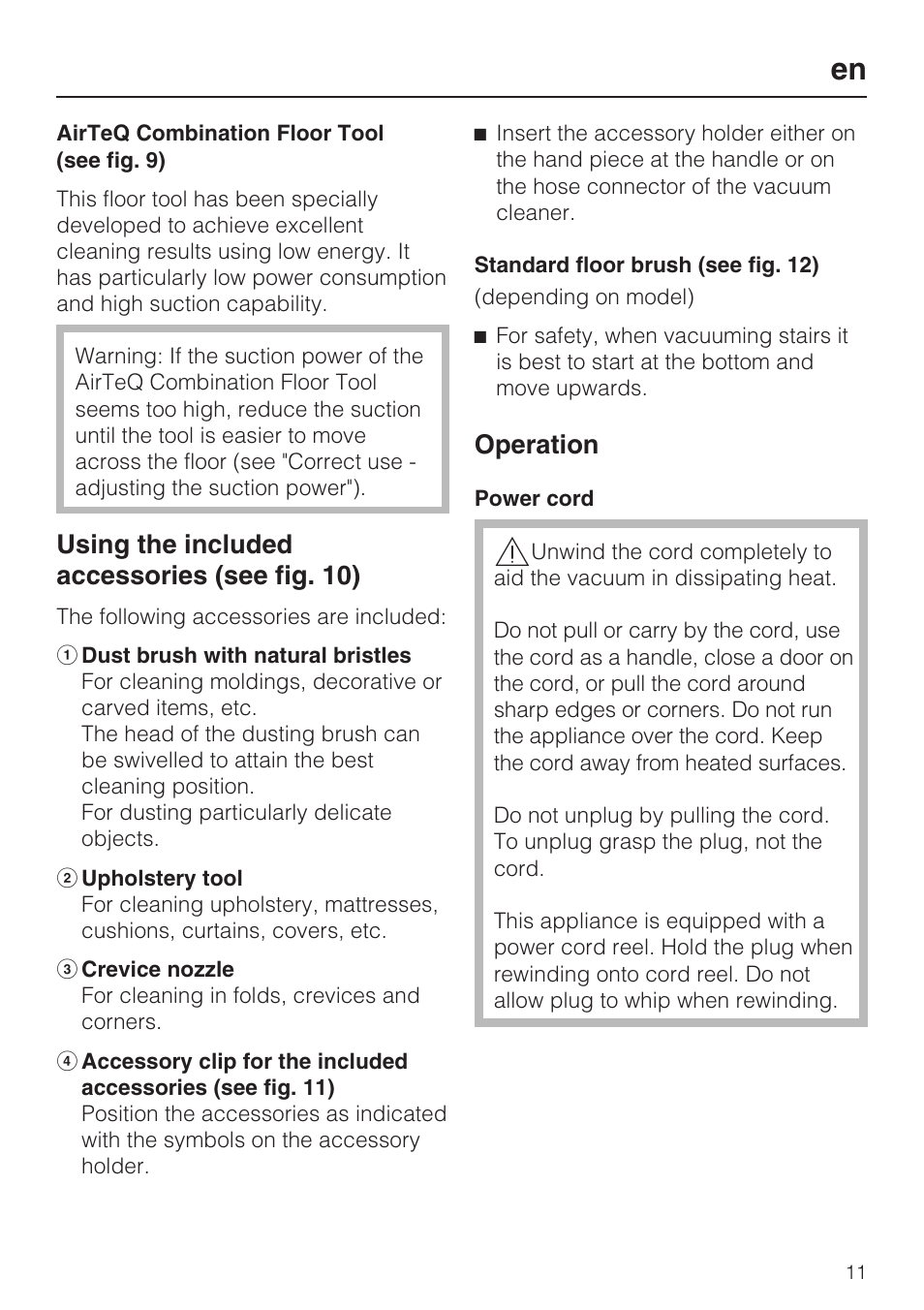 Using the included accessories (see fig. 10), Operation | Miele S 6000 User Manual | Page 11 / 80