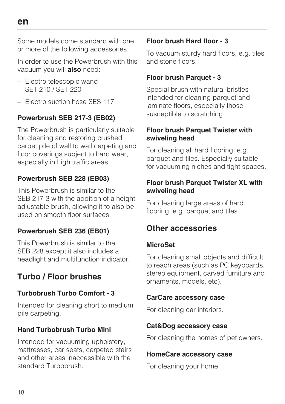 Turbo / floor brushes, Other accessories | Miele S 6000 User Manual | Page 18 / 80