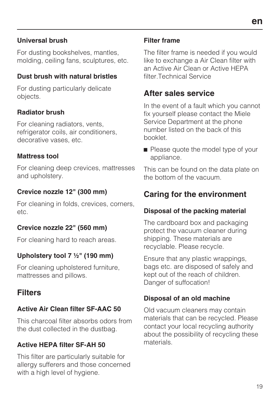Filters, After sales service, Caring for the environment | Miele S 6000 User Manual | Page 19 / 80