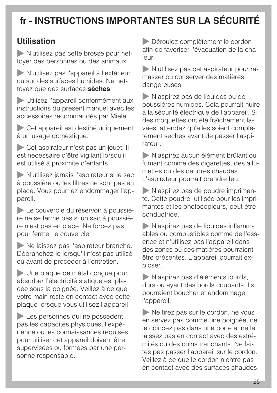 Fr - instructions importantes sur la sécurité | Miele S 6000 User Manual | Page 25 / 80