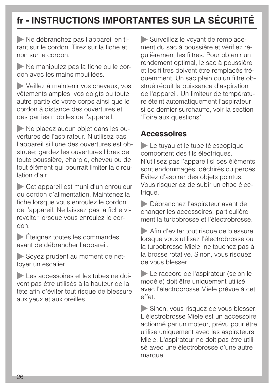 Fr - instructions importantes sur la sécurité | Miele S 6000 User Manual | Page 26 / 80