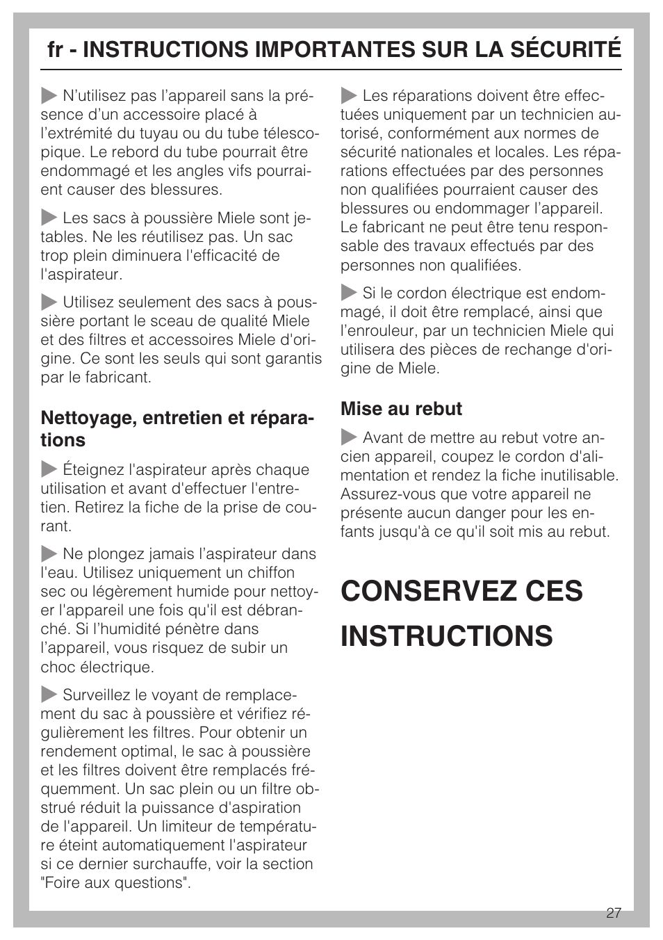 Conservez ces instructions, Fr - instructions importantes sur la sécurité | Miele S 6000 User Manual | Page 27 / 80
