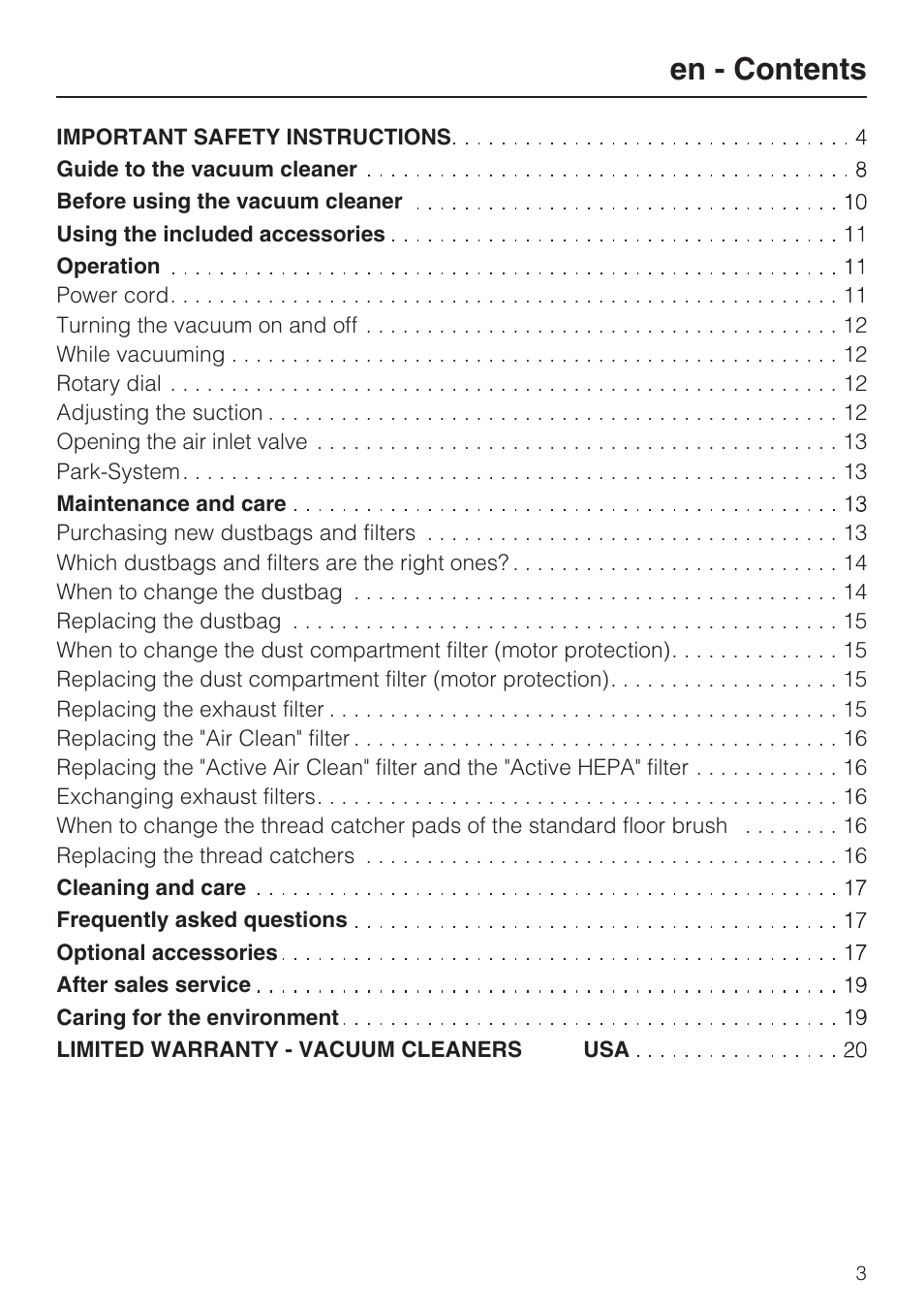 En - contents | Miele S 6000 User Manual | Page 3 / 80