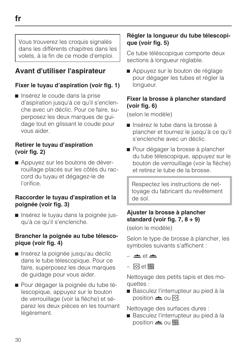 Avant d'utiliser l'aspirateur | Miele S 6000 User Manual | Page 30 / 80