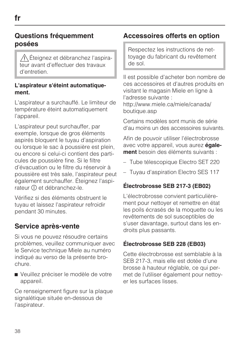 Questions fréquemment posées, Service après-vente, Accessoires offerts en option | Miele S 6000 User Manual | Page 38 / 80