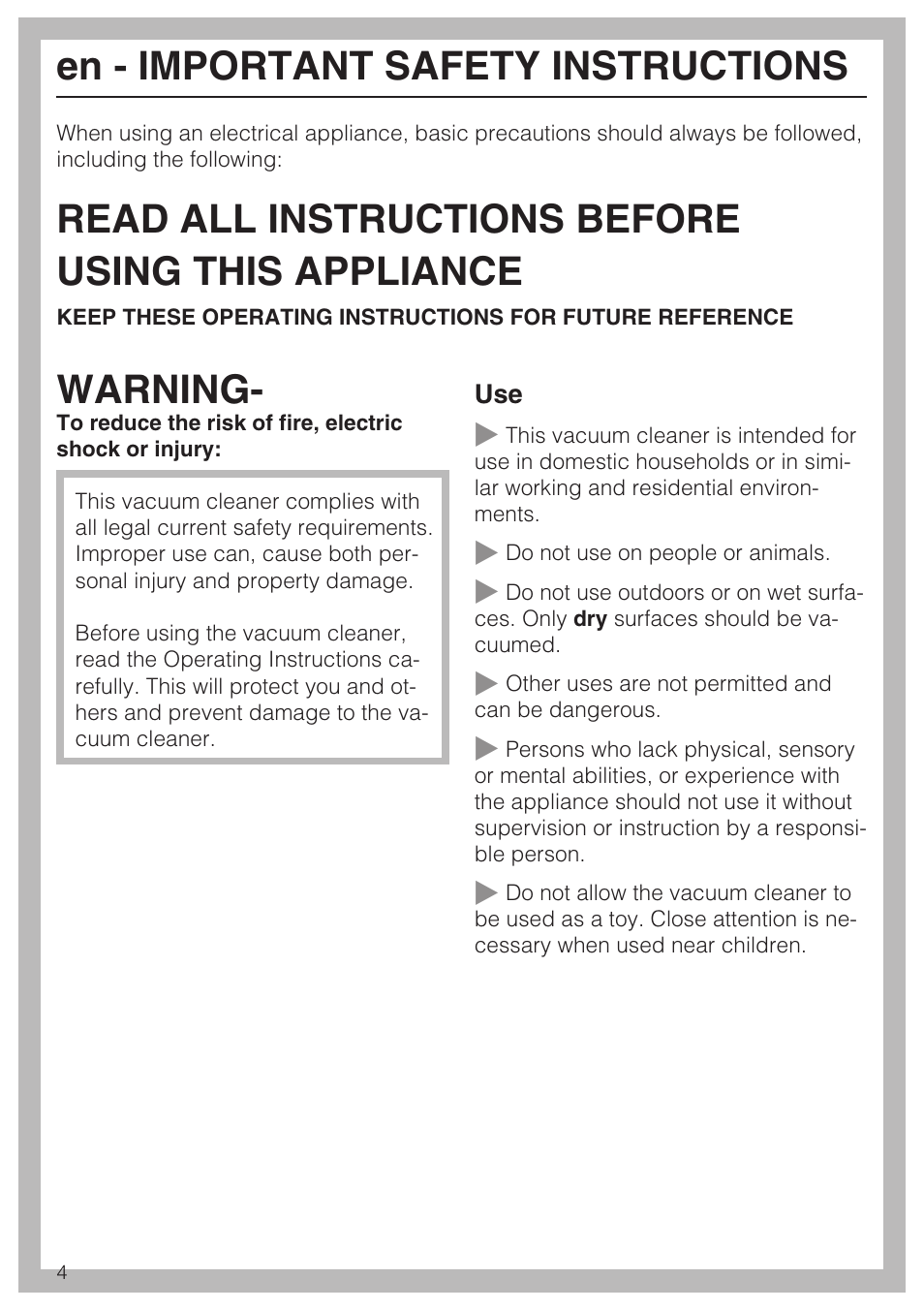 Read all instructions before using this appliance, Warning, En - important safety instructions | Miele S 6000 User Manual | Page 4 / 80