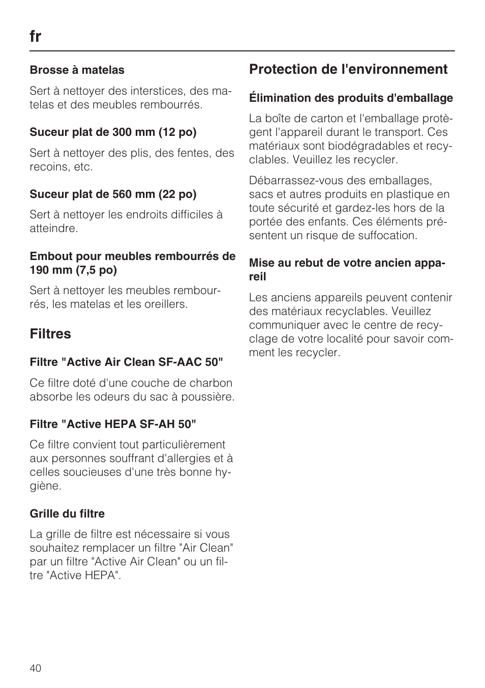 Filtres, Protection de l'environnement | Miele S 6000 User Manual | Page 40 / 80