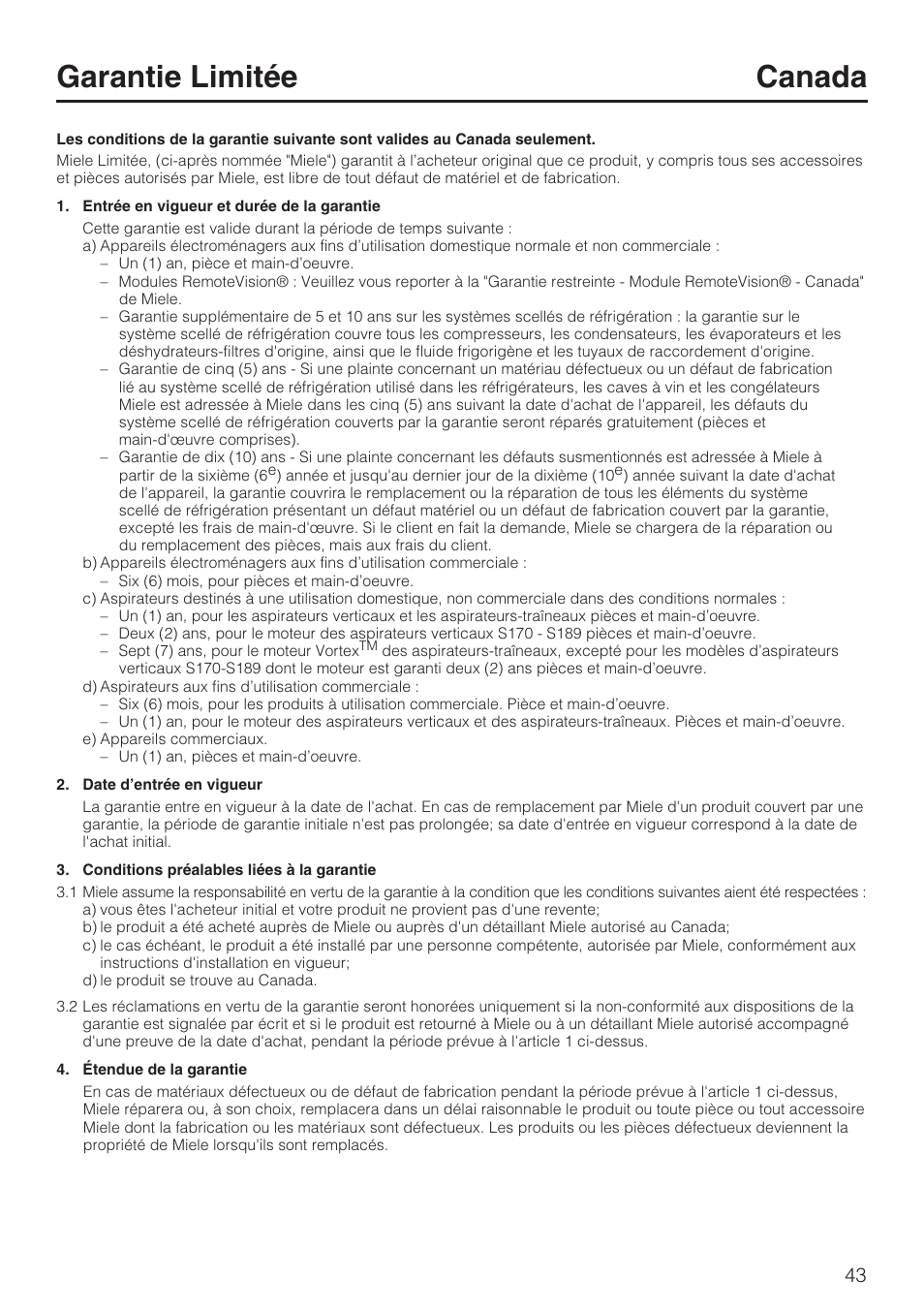 Garantie limitée canada, Garantie limitéecanada | Miele S 6000 User Manual | Page 43 / 80