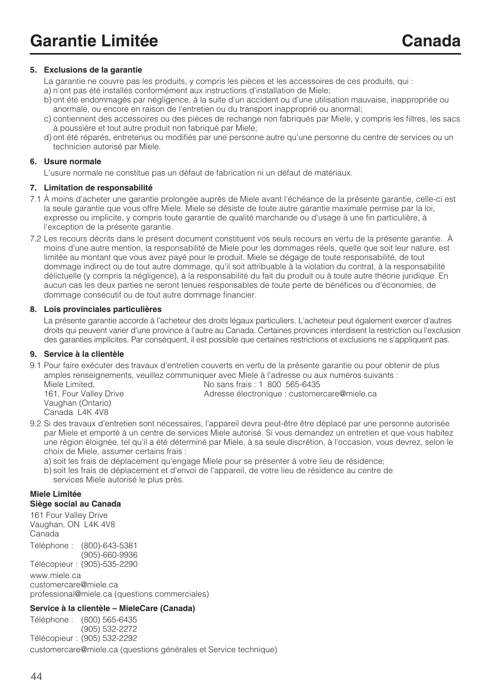 Garantie limitée canada | Miele S 6000 User Manual | Page 44 / 80