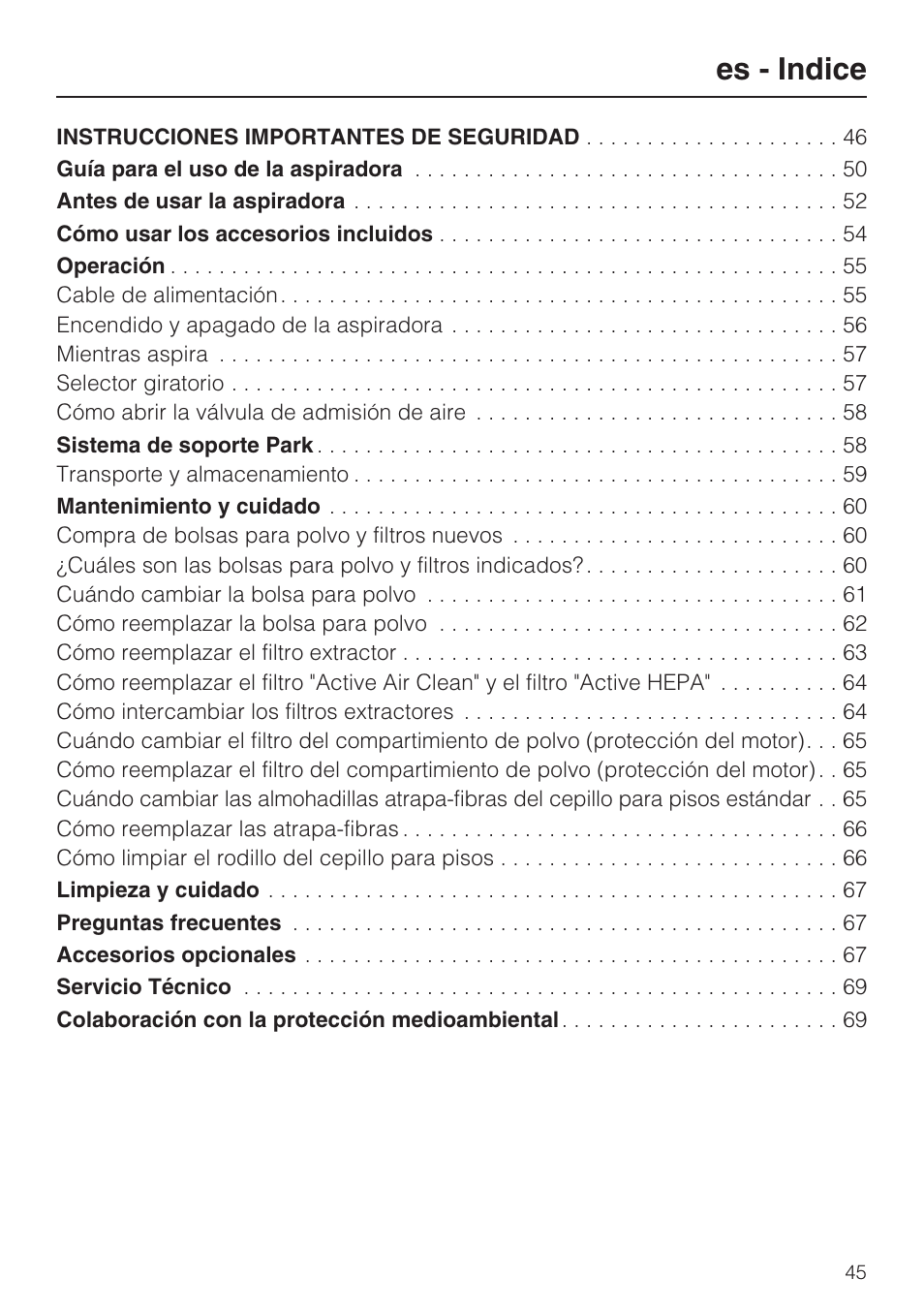 Es - indice | Miele S 6000 User Manual | Page 45 / 80