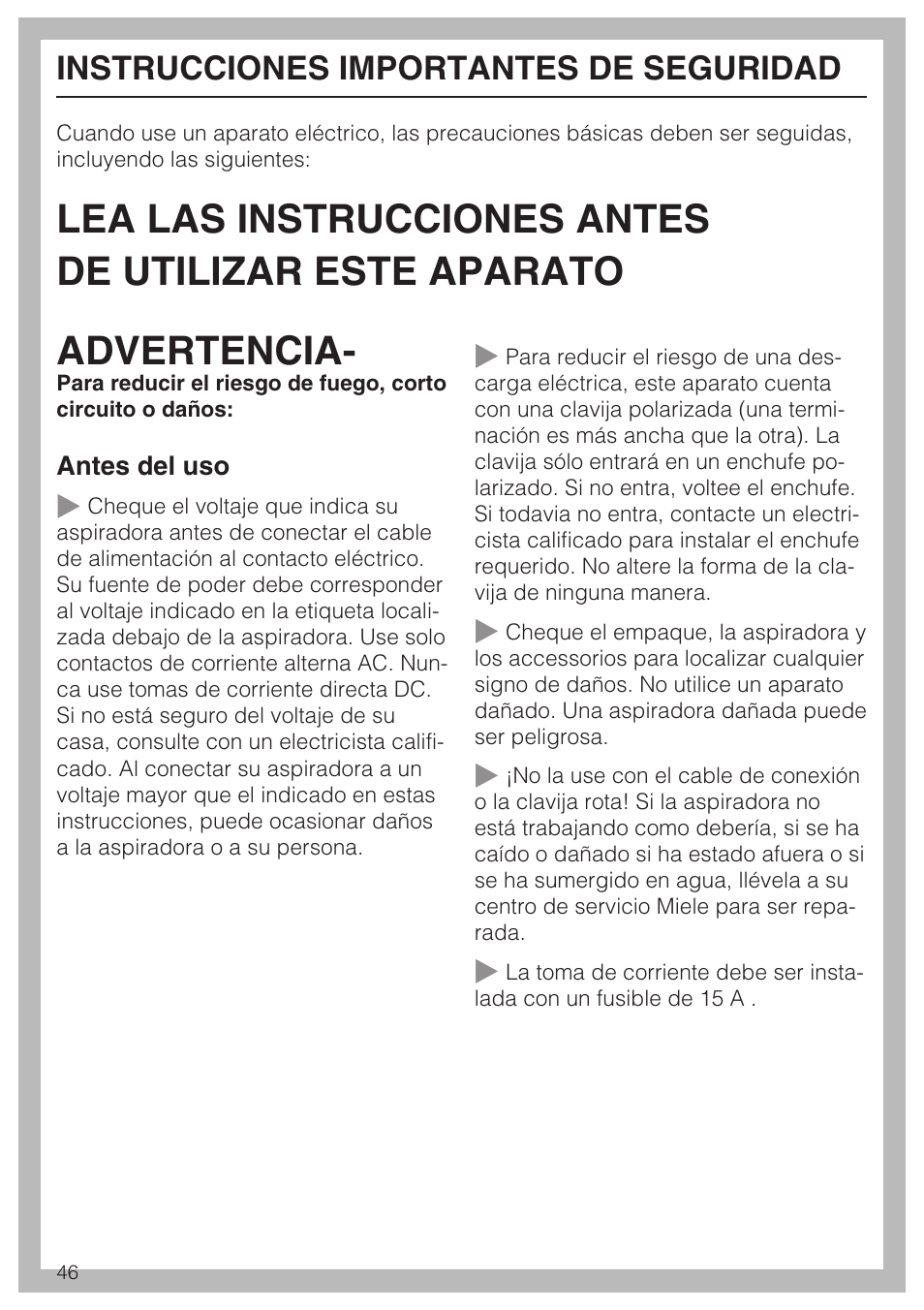 Instrucciones importantes de seguridad | Miele S 6000 User Manual | Page 46 / 80