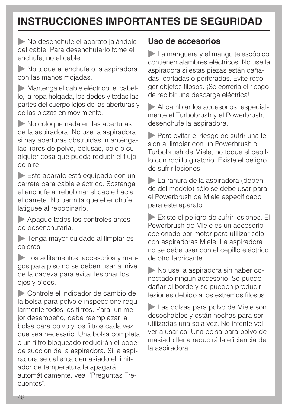 Instrucciones importantes de seguridad | Miele S 6000 User Manual | Page 48 / 80