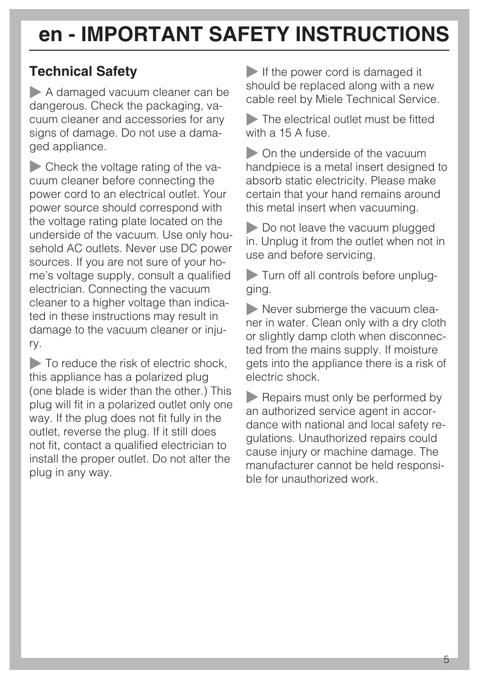 En - important safety instructions | Miele S 6000 User Manual | Page 5 / 80