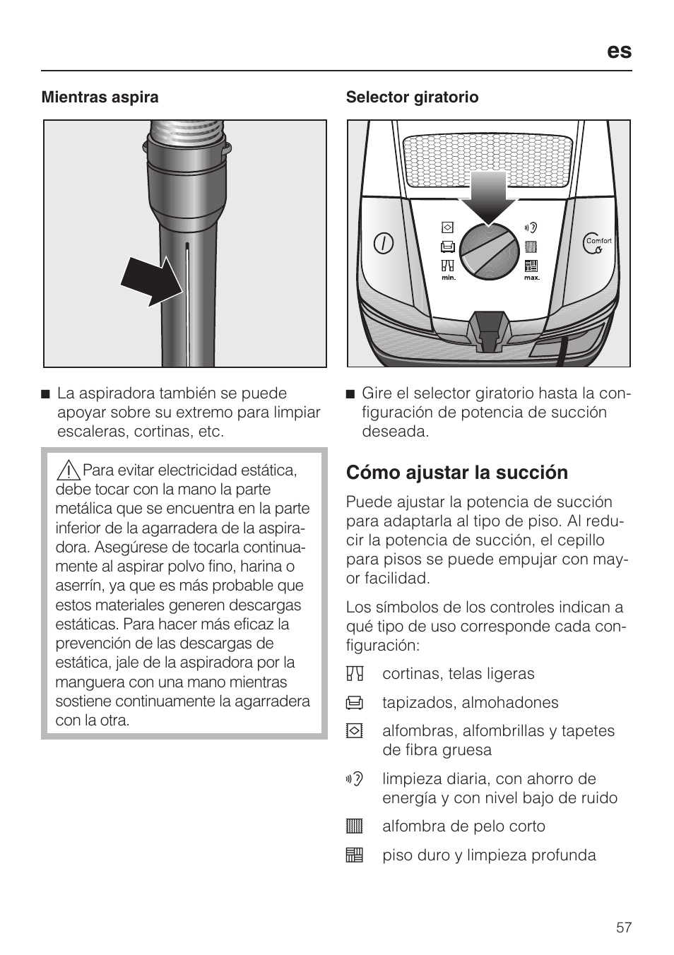 Cómo ajustar la succión | Miele S 6000 User Manual | Page 57 / 80