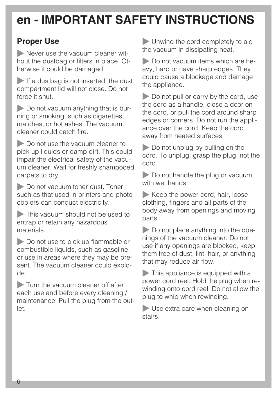 En - important safety instructions | Miele S 6000 User Manual | Page 6 / 80