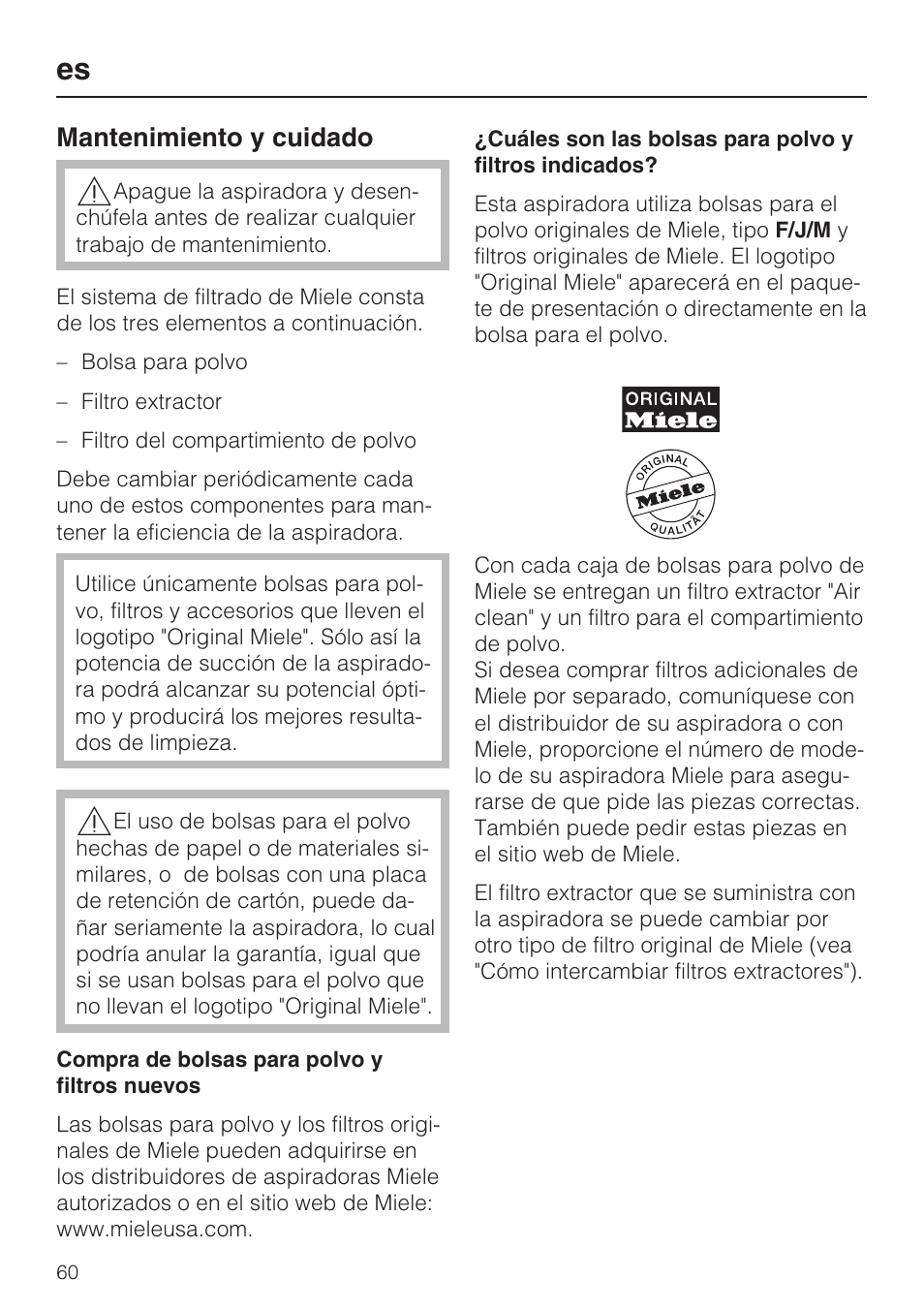 Mantenimiento y cuidado | Miele S 6000 User Manual | Page 60 / 80