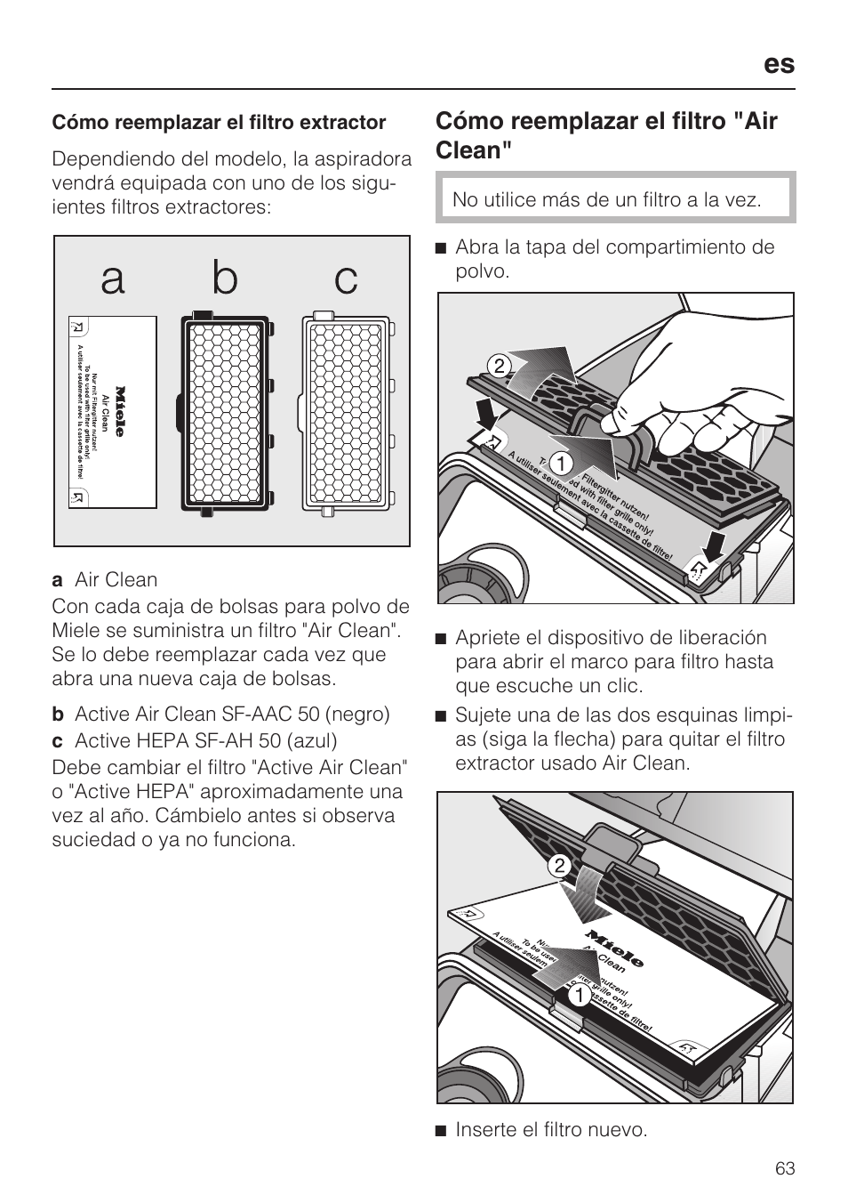 Cómo reemplazar el filtro "air clean | Miele S 6000 User Manual | Page 63 / 80