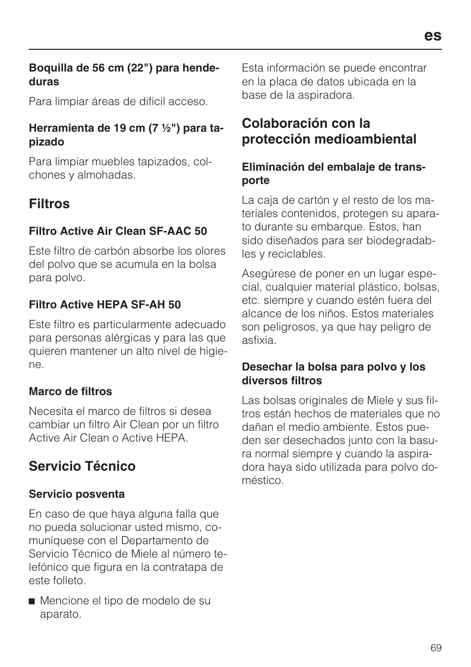 Filtros, Servicio técnico, Colaboración con la protección medioambiental | Miele S 6000 User Manual | Page 69 / 80