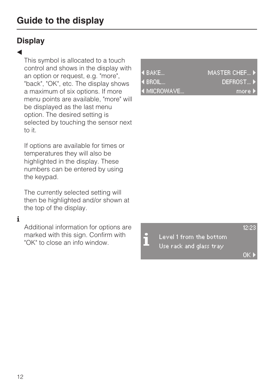 Guide to the display, Display | Miele H4080BM User Manual | Page 12 / 68