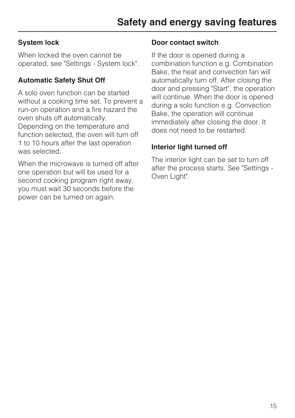 Safety and energy saving features 15, Safety and energy saving features | Miele H4080BM User Manual | Page 15 / 68