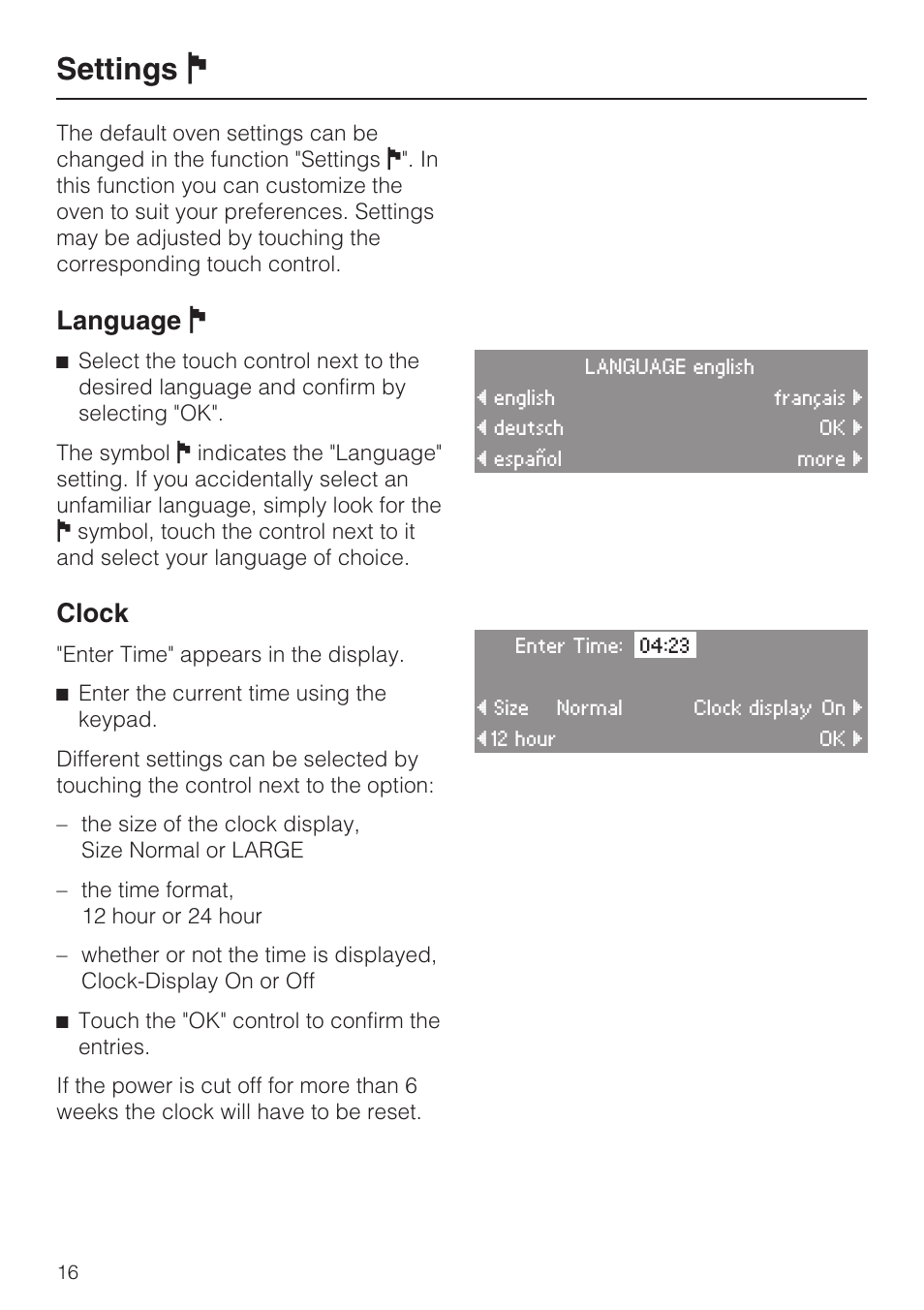 Settings j 16, Language j 16, Clock 16 | Settings j, Language j, Clock | Miele H4080BM User Manual | Page 16 / 68