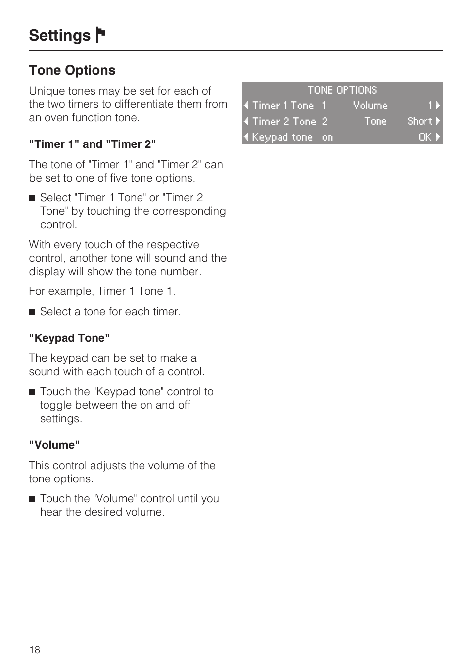 Tone options 18, Settings j, Tone options | Miele H4080BM User Manual | Page 18 / 68