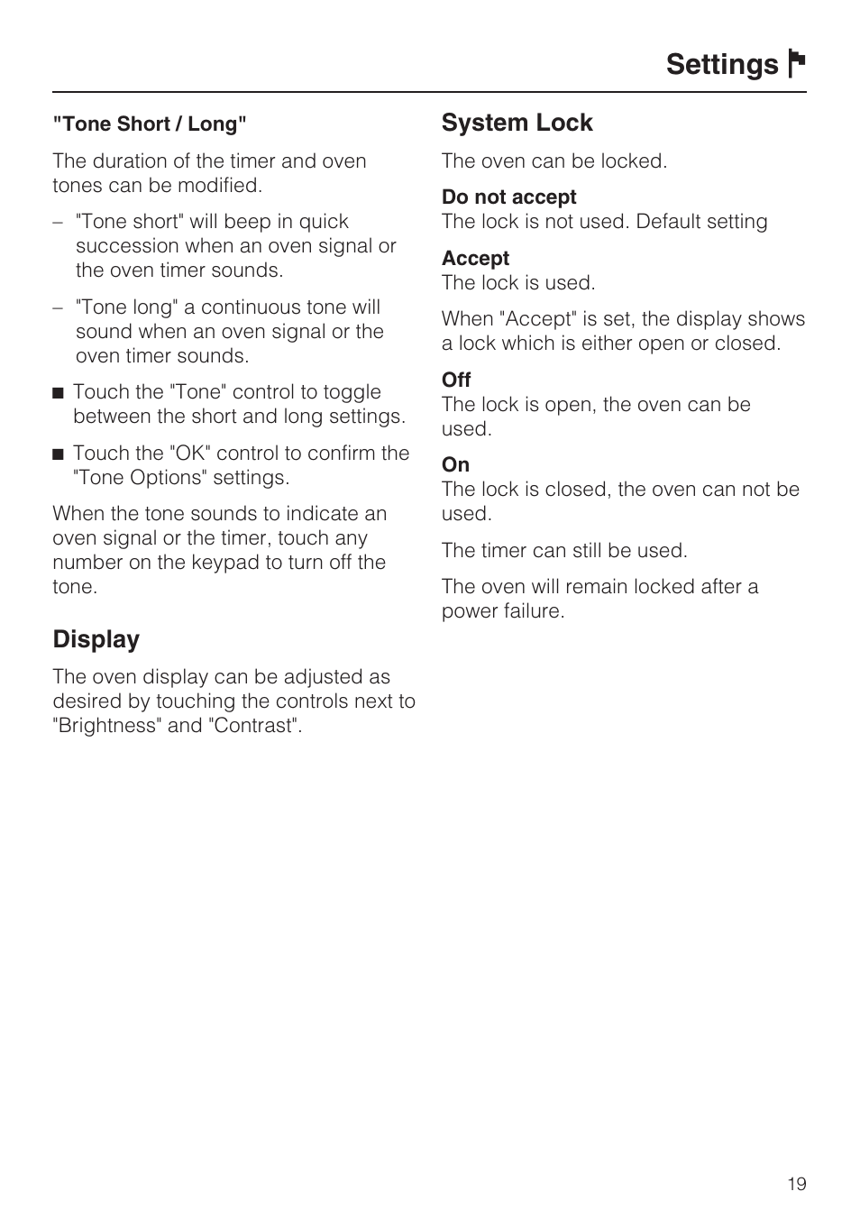 Display 19, System lock 19, Settings j | Display, System lock | Miele H4080BM User Manual | Page 19 / 68