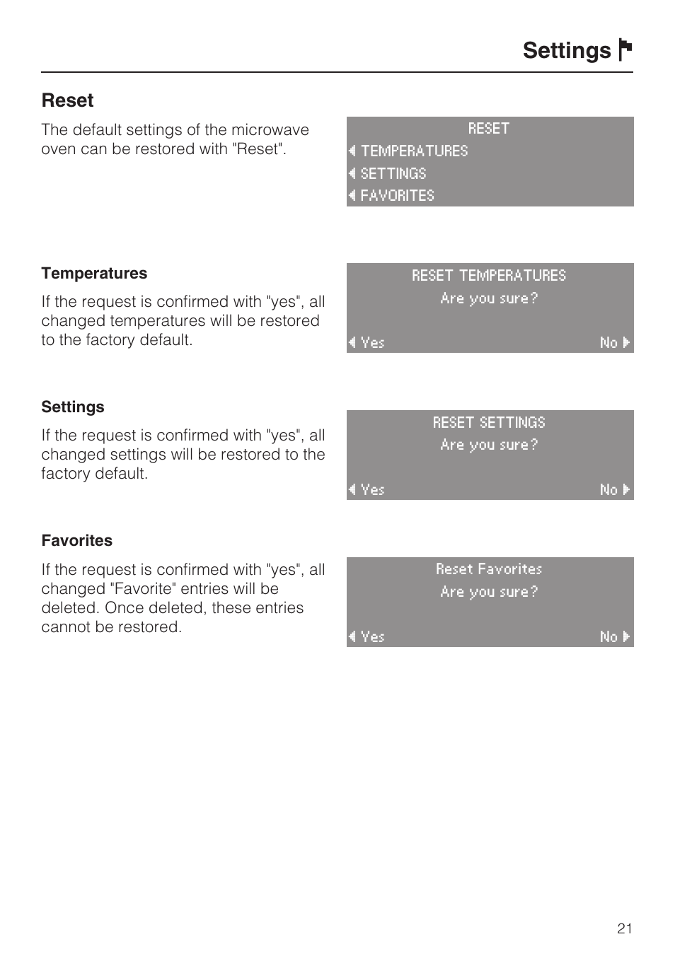 Reset 21, Settings j, Reset | Miele H4080BM User Manual | Page 21 / 68