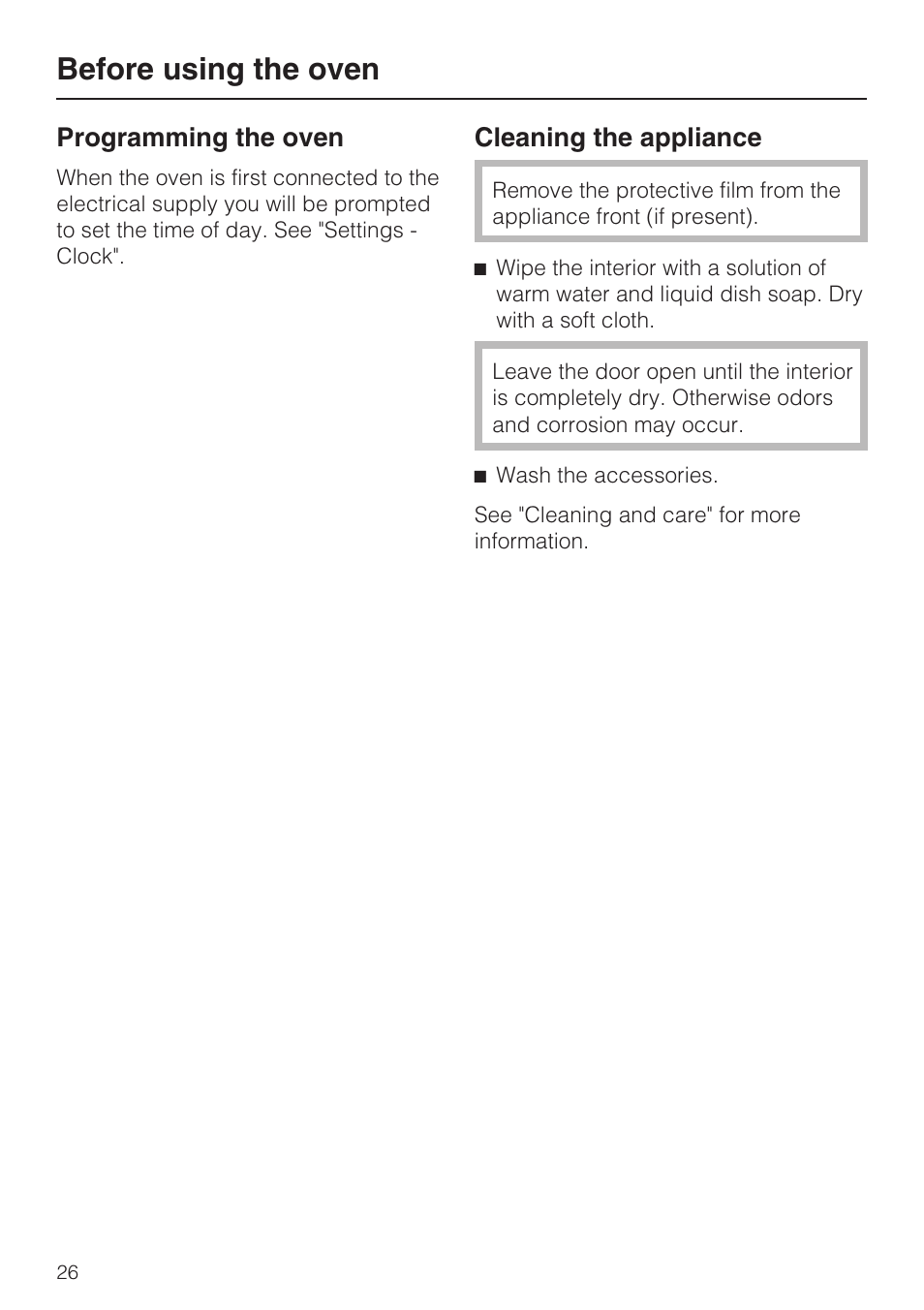 Before using the oven 26, Programming the oven 26, Cleaning the appliance 26 | Before using the oven, Programming the oven, Cleaning the appliance | Miele H4080BM User Manual | Page 26 / 68