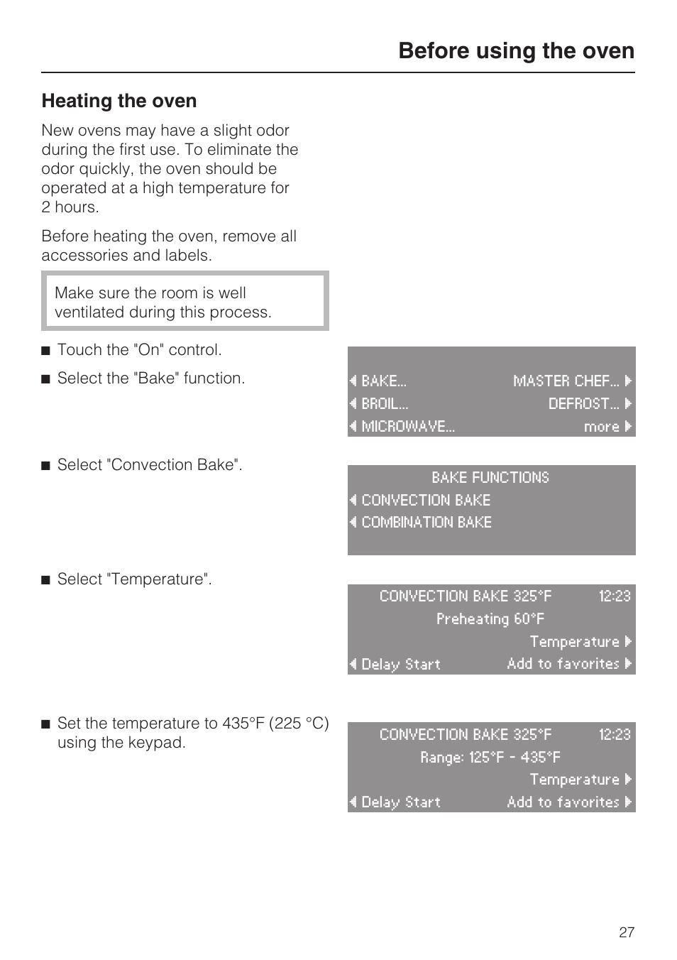 Heating the oven 27, Before using the oven, Heating the oven | Miele H4080BM User Manual | Page 27 / 68