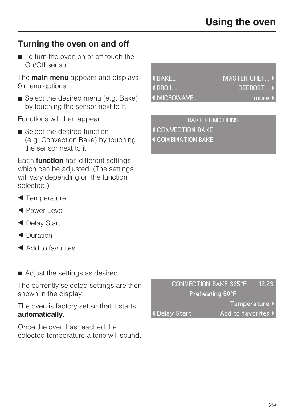 Using the oven 29, Using the oven, Turning the oven on and off | Miele H4080BM User Manual | Page 29 / 68