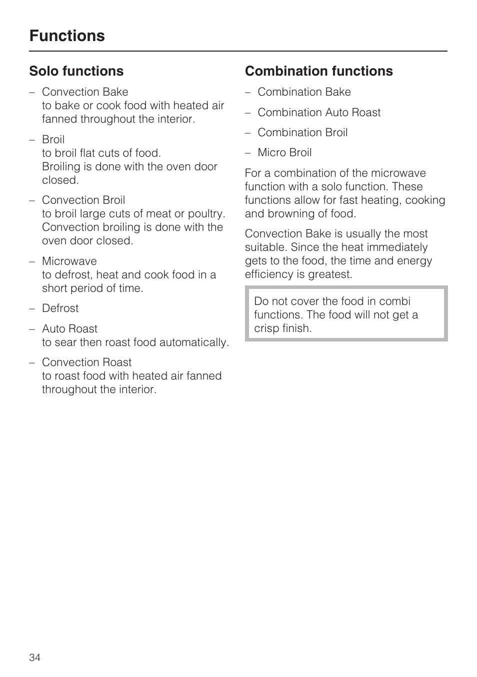 Functions 34, Functions, Solo functions | Combination functions | Miele H4080BM User Manual | Page 34 / 68