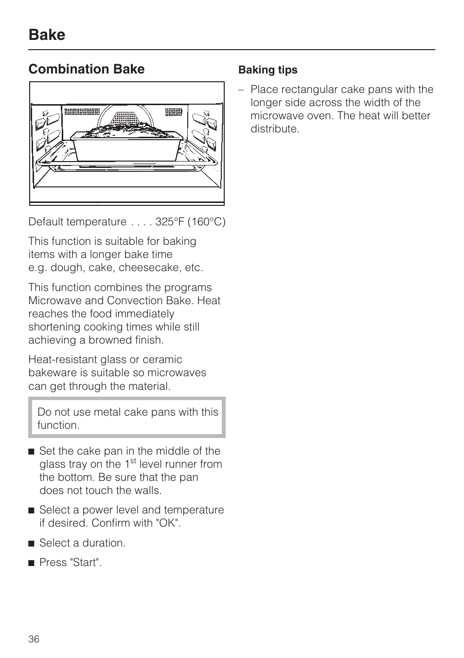 Bake, Combination bake | Miele H4080BM User Manual | Page 36 / 68