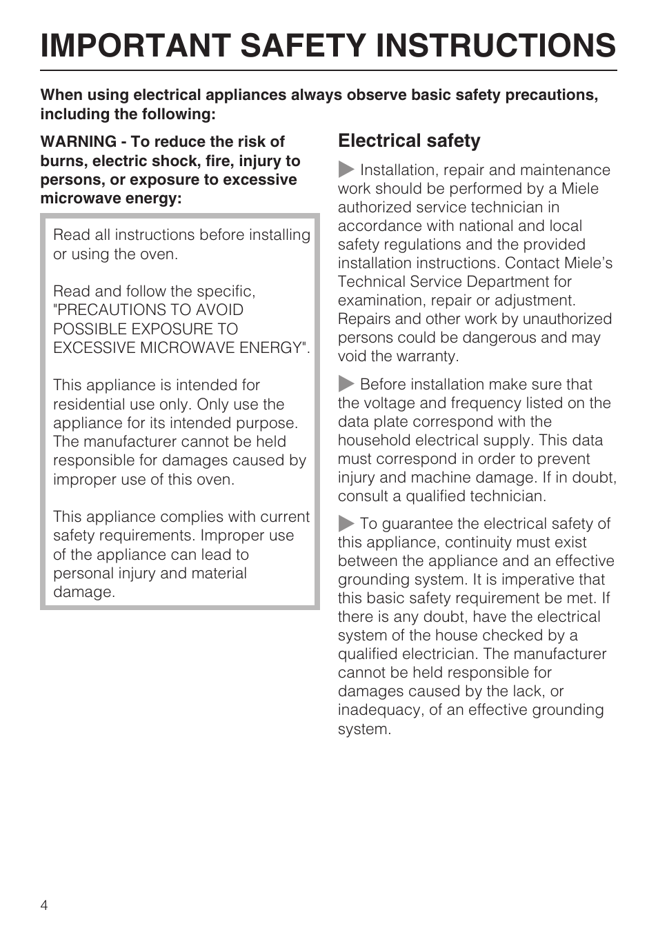 Important safety instructions 4, Important safety instructions | Miele H4080BM User Manual | Page 4 / 68
