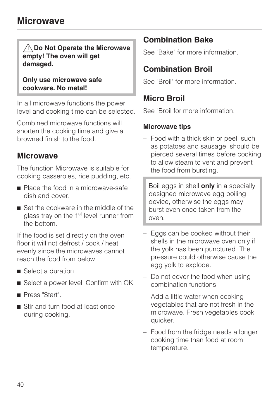 Microwave, Combination bake, Combination broil | Micro broil | Miele H4080BM User Manual | Page 40 / 68