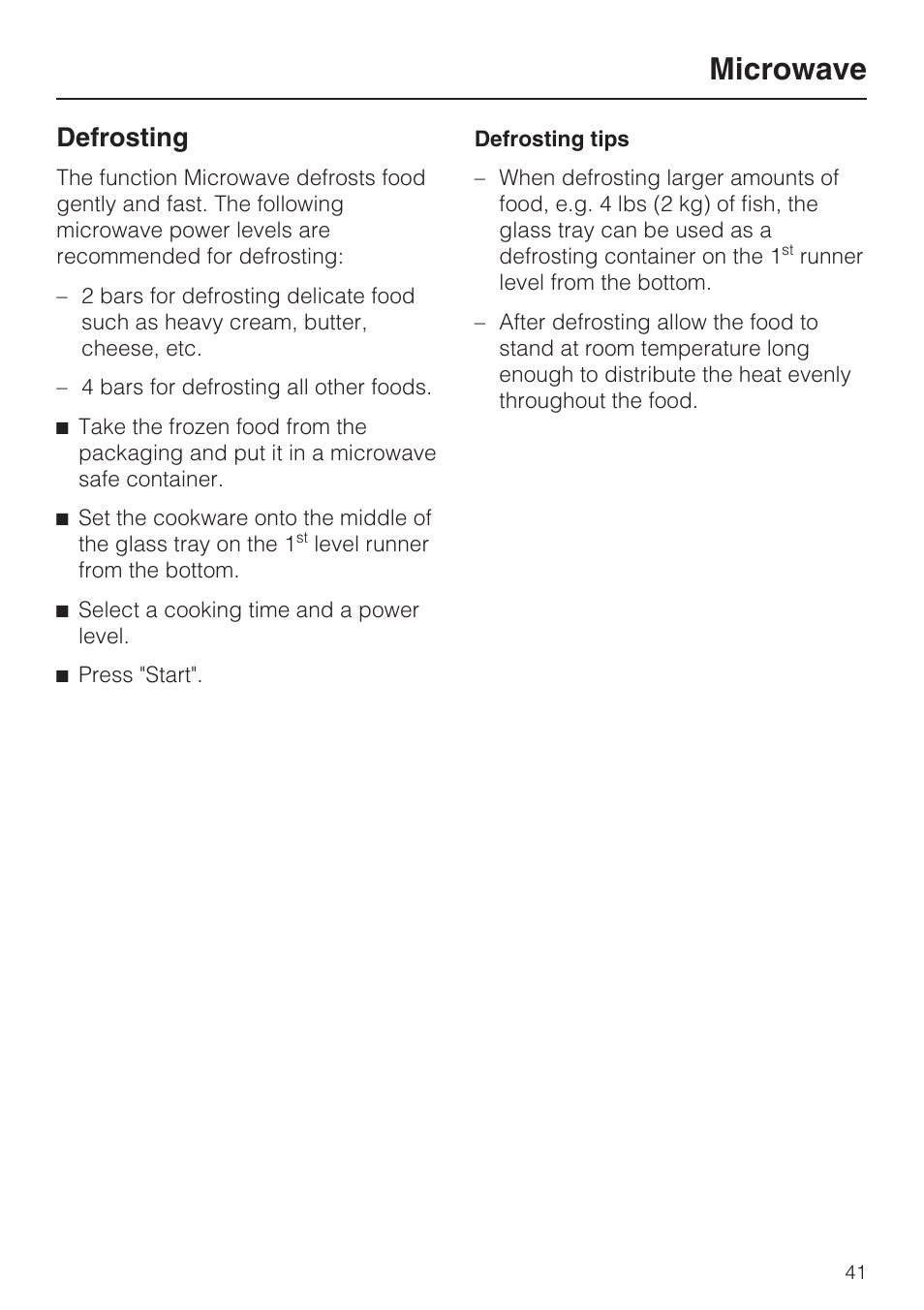 Microwave, Defrosting | Miele H4080BM User Manual | Page 41 / 68