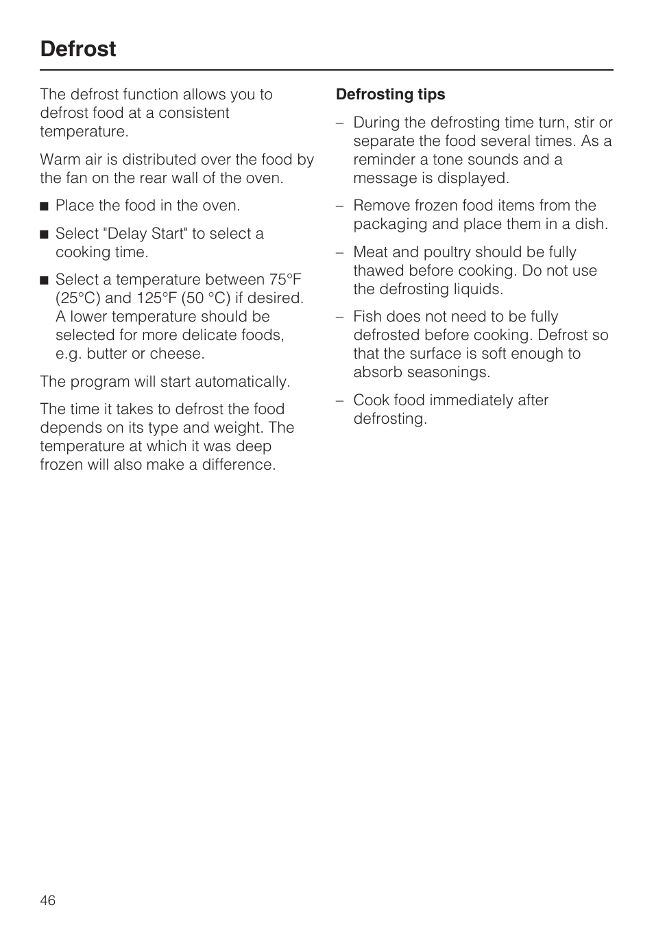 Defrost 46, Defrost | Miele H4080BM User Manual | Page 46 / 68