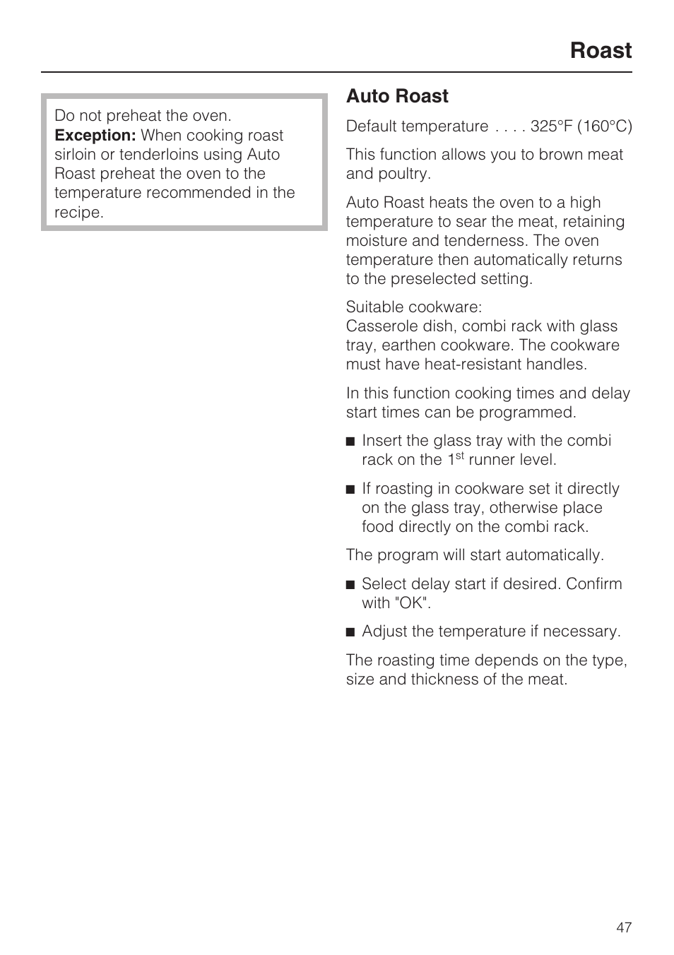 Roast 47, Roast, Auto roast | Miele H4080BM User Manual | Page 47 / 68