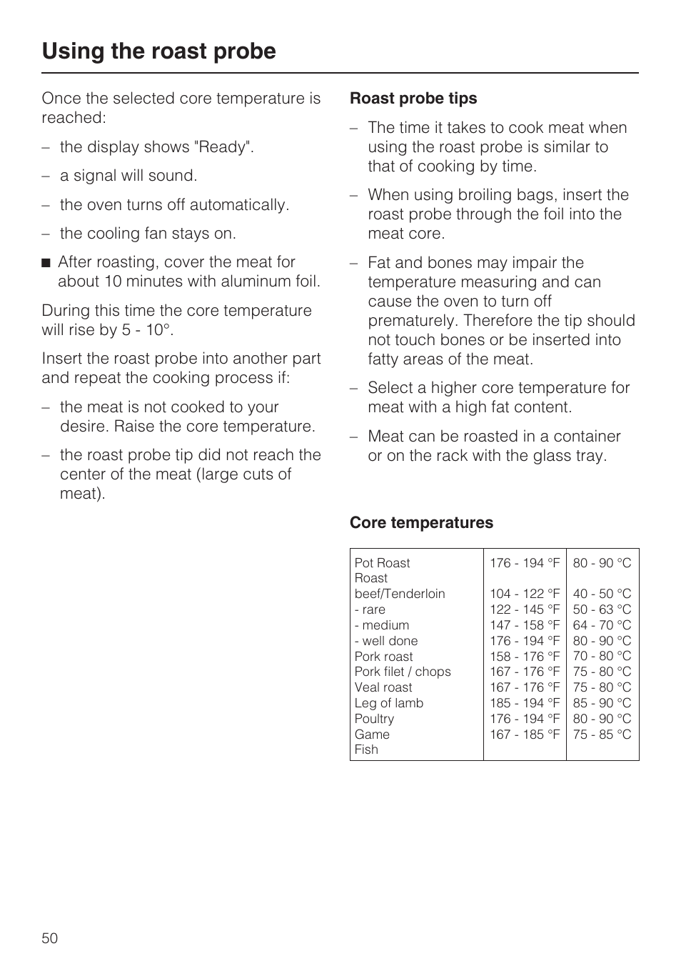 Using the roast probe | Miele H4080BM User Manual | Page 50 / 68