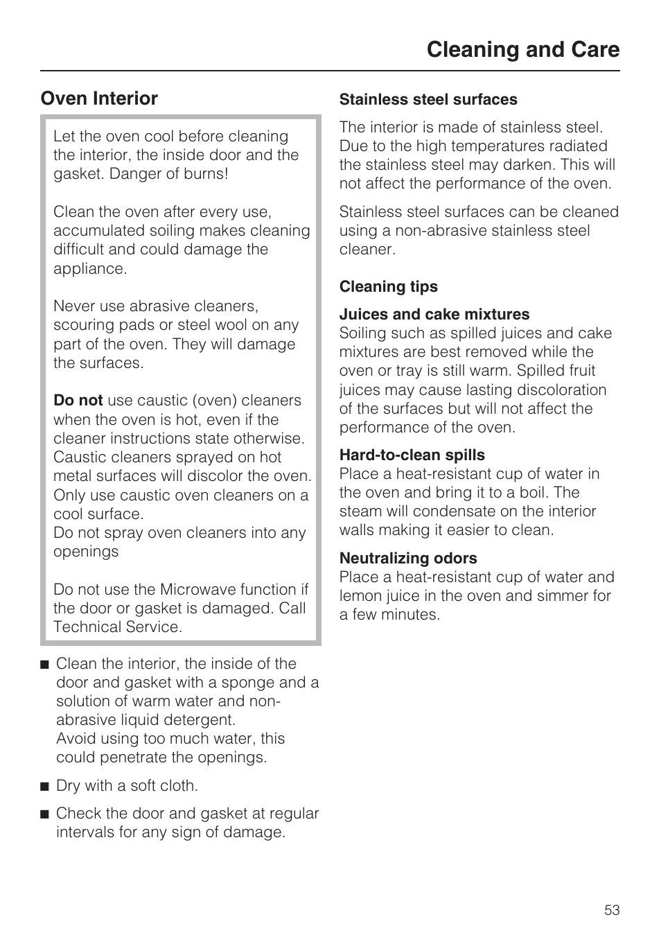 Cleaning and care 53, Cleaning and care, Oven interior | Miele H4080BM User Manual | Page 53 / 68