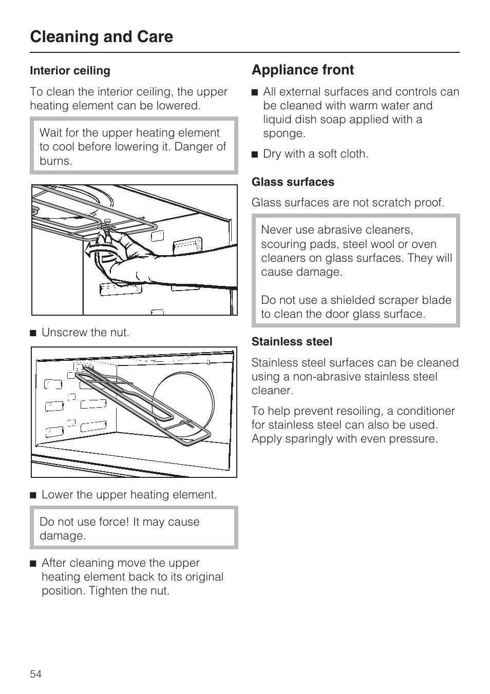 Cleaning and care, Appliance front | Miele H4080BM User Manual | Page 54 / 68