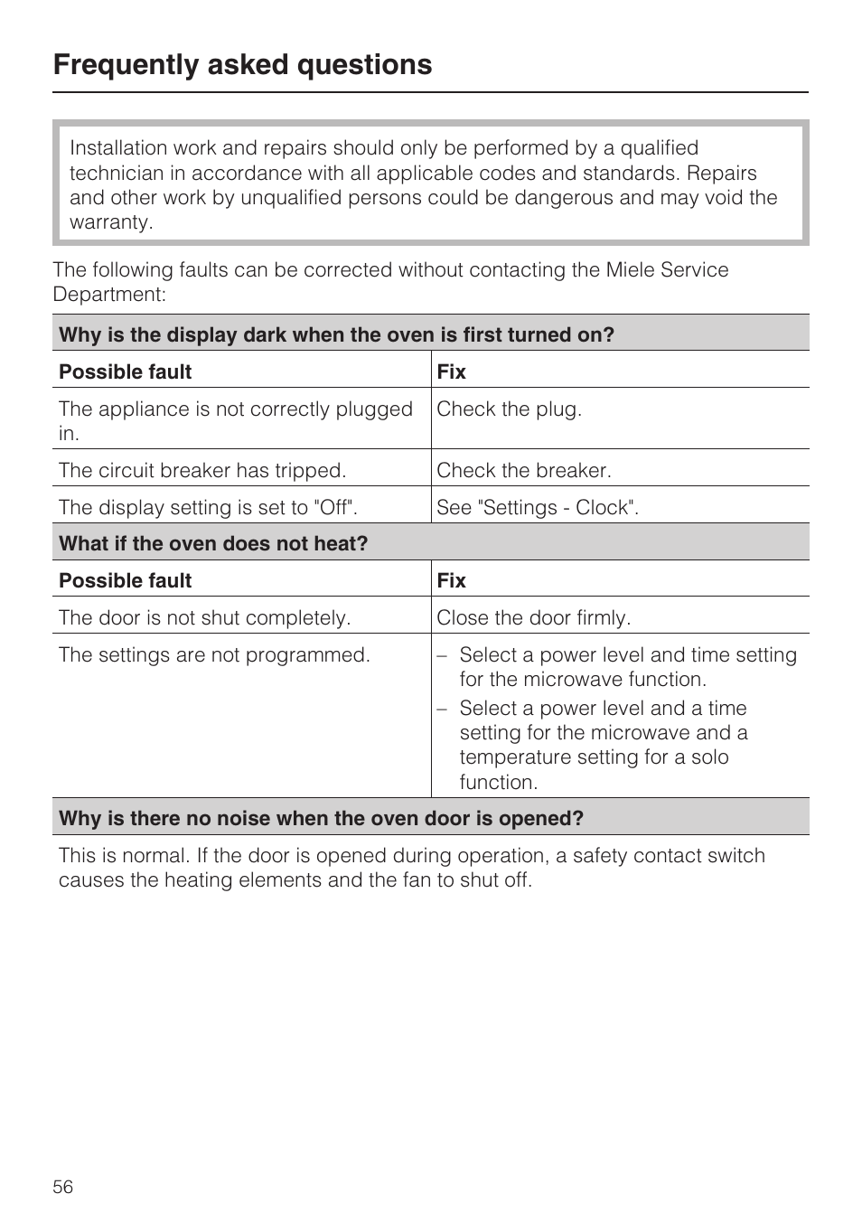 Frequently asked questions 56, Frequently asked questions | Miele H4080BM User Manual | Page 56 / 68