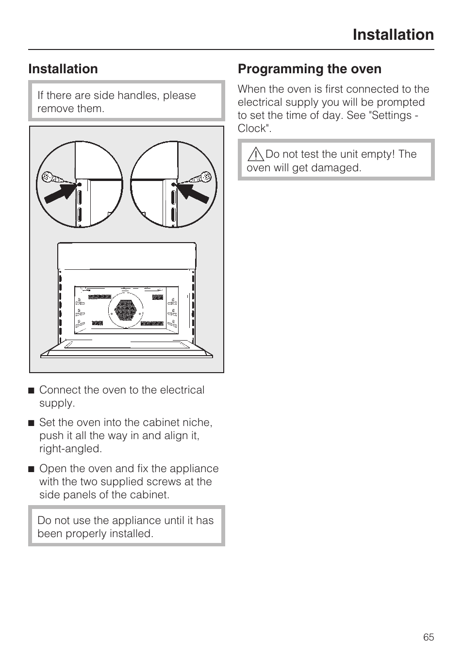 Programming the oven 65, Installation | Miele H4080BM User Manual | Page 65 / 68