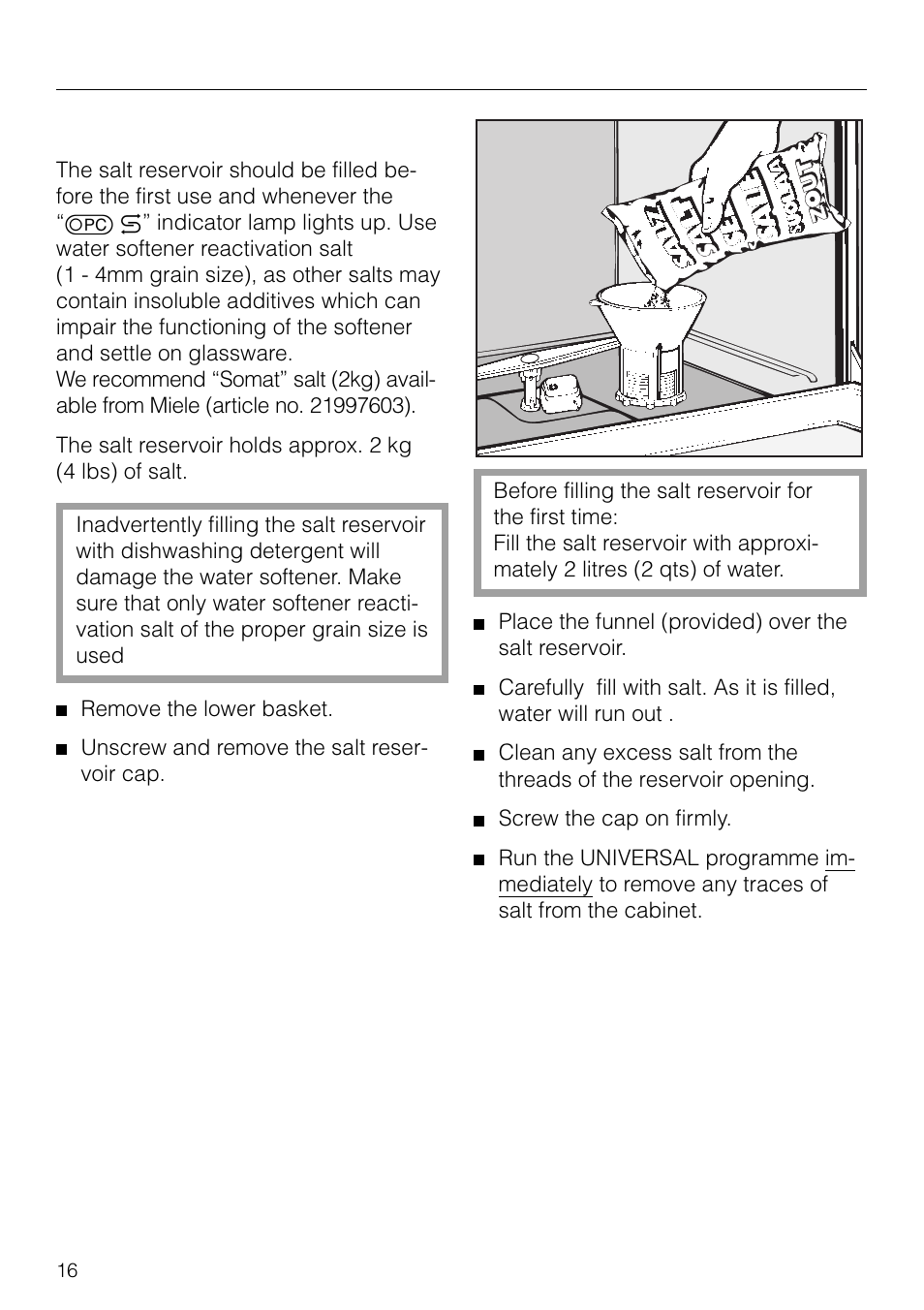 Filling the salt reservoir. 16, Salt indicator. 17, Filling the salt reservoir | Water softener | Miele G 879 SCVI User Manual | Page 16 / 76