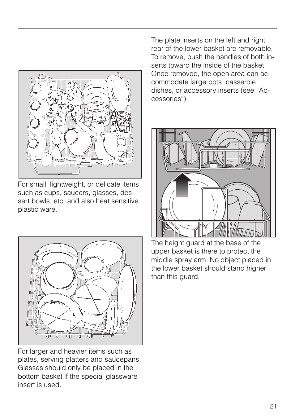 Loading examples. 21, Upper basket. 21, Bottom basket. 21 | Loading examples, Upper basket bottom basket, Loading the dishwasher | Miele G 879 SCVI User Manual | Page 21 / 76