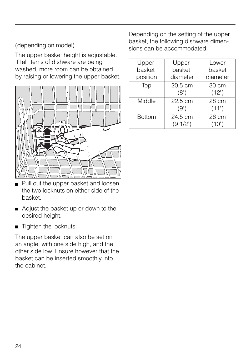 Adjusting the upper basket. 24, Adjusting the upper basket, Loading the dishwasher | Miele G 879 SCVI User Manual | Page 24 / 76